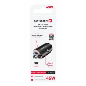 ADAPTOR AUTO SWISSTEN POWER DELIVERY 2x USB-C 45W NANO NEGRU