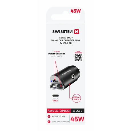 ADAPTOR AUTO SWISSTEN POWER DELIVERY 2x USB-C 45W NANO NEGRU