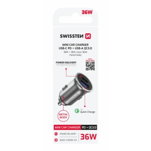 ADAPTOR AUTO SWISSTEN POWER DELIVERY USB-C + ÎNCĂRCARE RAPIDĂ 3.0 36W METAL ARGINTIU