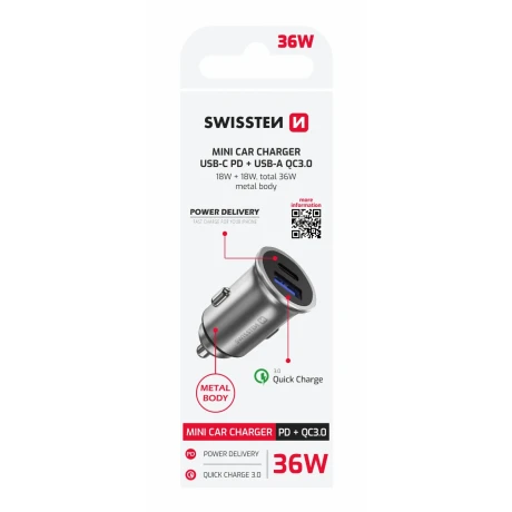 ADAPTOR AUTO SWISSTEN POWER DELIVERY USB-C + ÎNCĂRCARE RAPIDĂ 3.0 36W METAL ARGINTIU