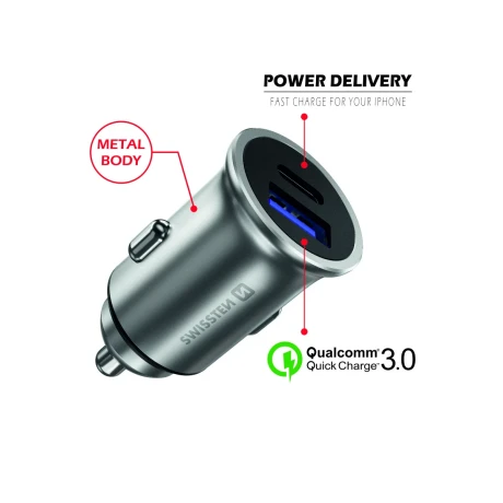 ADAPTOR AUTO SWISSTEN POWER DELIVERY USB-C + ÎNCĂRCARE RAPIDĂ 3.0 36W METAL ARGINTIU