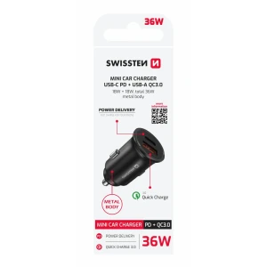 ADAPTOR AUTO SWISSTEN POWER DELIVERY USB-C + ÎNCĂRCARE RAPIDĂ 3.0 36W NEGRU METALIC