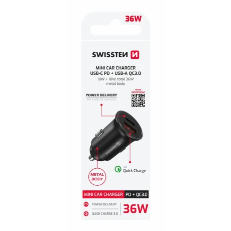 ADAPTOR AUTO SWISSTEN POWER DELIVERY USB-C + ÎNCĂRCARE RAPIDĂ 3.0 36W NEGRU METALIC