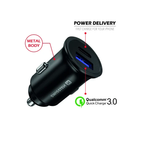 ADAPTOR AUTO SWISSTEN POWER DELIVERY USB-C + ÎNCĂRCARE RAPIDĂ 3.0 36W NEGRU METALIC