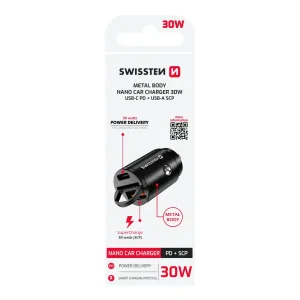 ADAPTOR AUTO SWISSTEN POWER DELIVERY USB-C + SUPER CHARGE 3.0 30W NANO NEGRU