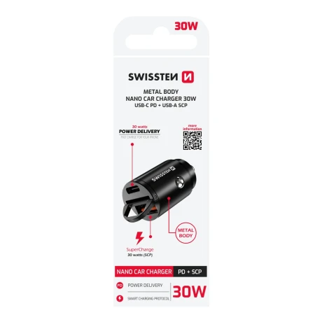 ADAPTOR AUTO SWISSTEN POWER DELIVERY USB-C + SUPER CHARGE 3.0 30W NANO NEGRU