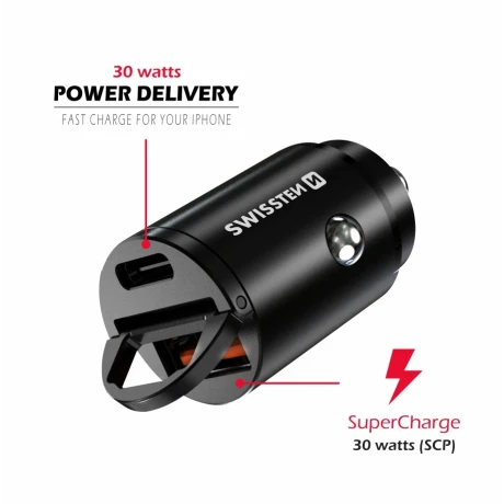 ADAPTOR AUTO SWISSTEN POWER DELIVERY USB-C + SUPER CHARGE 3.0 30W NANO NEGRU