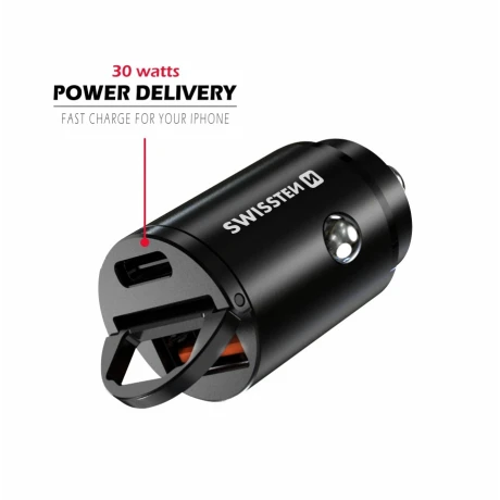 ADAPTOR AUTO SWISSTEN POWER DELIVERY USB-C + SUPER CHARGE 3.0 30W NANO NEGRU
