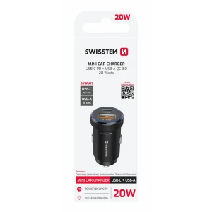 ADAPTOR AUTO SWISSTEN USB-C PD + USB-A, 20W NEGRU