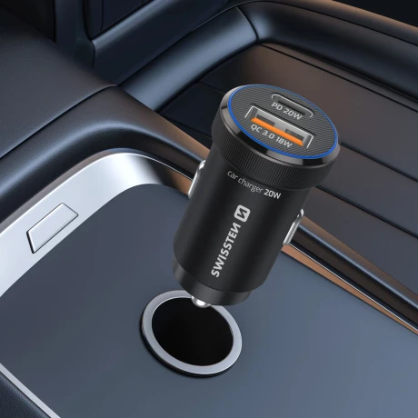 ADAPTOR AUTO SWISSTEN USB-C PD + USB-A, 20W NEGRU