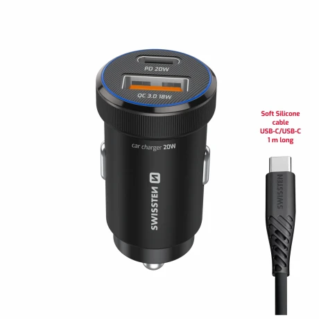 ADAPTOR AUTO SWISSTEN USB-C PD + USB-A, 20W NEGRU + CABLU USB-C / USB-C, 1 M