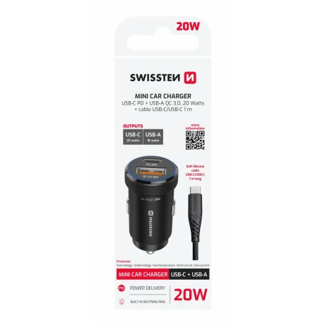 ADAPTOR AUTO SWISSTEN USB-C PD + USB-A, 20W NEGRU + CABLU USB-C / USB-C, 1 M