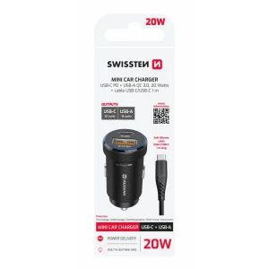 ADAPTOR AUTO SWISSTEN USB-C PD + USB-A, 20W NEGRU + CABLU USB-C / USB-C, 1 M