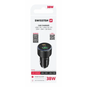 ADAPTOR AUTO SWISSTEN USB-C PD + USB-A, 38W NEGRU