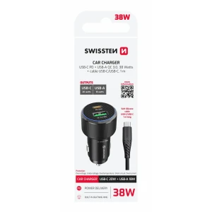 ADAPTOR AUTO SWISSTEN USB-C PD + USB-A, 38W NEGRU + CABLU USB-C / USB-C, 1 M