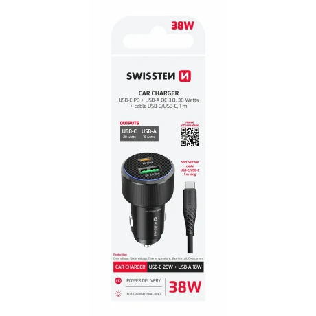 ADAPTOR AUTO SWISSTEN USB-C PD + USB-A, 38W NEGRU + CABLU USB-C / USB-C, 1 M