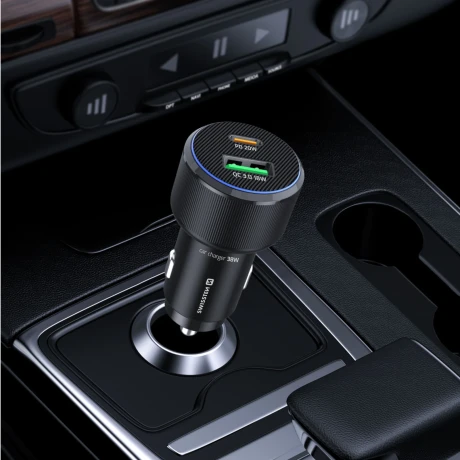 ADAPTOR AUTO SWISSTEN USB-C PD + USB-A, 38W NEGRU + CABLU USB-C / USB-C, 1 M