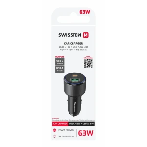 ADAPTOR AUTO SWISSTEN USB-C PD + USB-A, 63W NEGRU