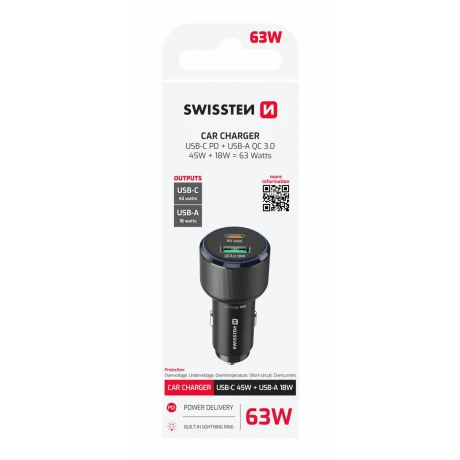 ADAPTOR AUTO SWISSTEN USB-C PD + USB-A, 63W NEGRU