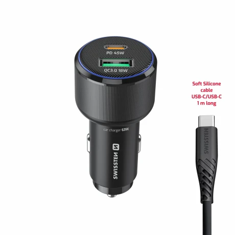 ADAPTOR AUTO SWISSTEN USB-C PD + USB-A, 63W NEGRU + CABLU USB-C / USB-C, 1 M
