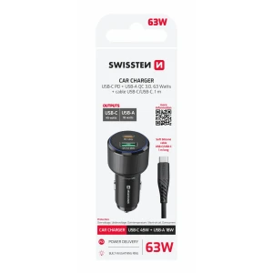 ADAPTOR AUTO SWISSTEN USB-C PD + USB-A, 63W NEGRU + CABLU USB-C / USB-C, 1 M
