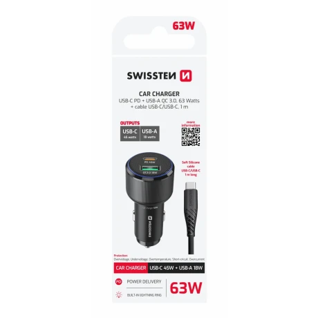 ADAPTOR AUTO SWISSTEN USB-C PD + USB-A, 63W NEGRU + CABLU USB-C / USB-C, 1 M