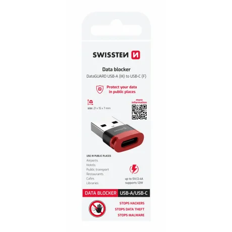 ADAPTOR DE ÎNCĂRCARE SWISSTEN DataGUARD CU BLOCAREA DATELOR USB-A (mascul) / USB-C (femelă) NEGRU