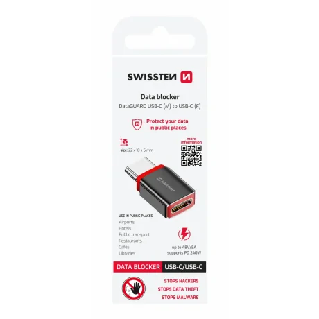 ADAPTOR DE ÎNCĂRCARE SWISSTEN DataGUARD CU BLOCAREA DATELOR USB-C (mascul) / USB-C (femelă) NEGRU