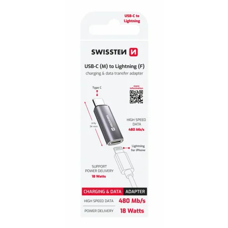 ADAPTOR ÎNCĂRCARE SWISSTEN USB-C (mascul) / LIGHTNING (femelă) ARGINTIU