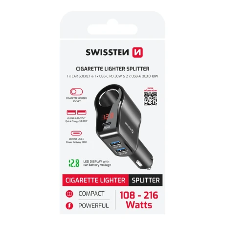ADAPTOR ÎNCĂRCĂTOR AUTO SWISSTEN, BRICHETĂ 1x CL, 1x USB-C PD, 2x USB-A, PUTERE DE IEȘIRE 108W - 216W