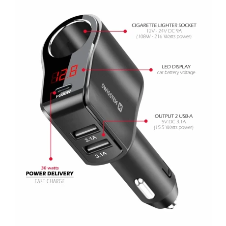 ADAPTOR ÎNCĂRCĂTOR AUTO SWISSTEN, BRICHETĂ 1x CL, 1x USB-C PD, 2x USB-A, PUTERE DE IEȘIRE 108W - 216W