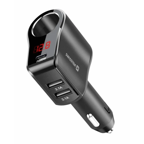 ADAPTOR ÎNCĂRCĂTOR AUTO SWISSTEN, BRICHETĂ 1x CL, 1x USB-C PD, 2x USB-A, PUTERE DE IEȘIRE 108W - 216W