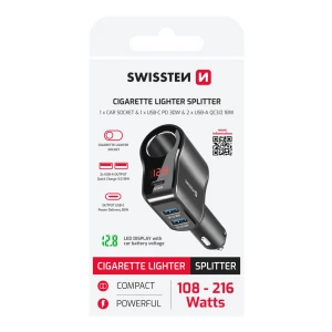 ADAPTOR ÎNCĂRCĂTOR AUTO SWISSTEN, BRICHETĂ 1x CL, 1x USB-C PD, 2x USB-A, PUTERE DE IEȘIRE 108W - 216W