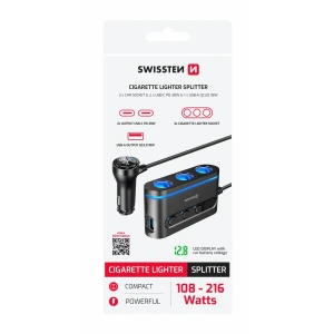 ADAPTOR ÎNCĂRCĂTOR AUTO SWISSTEN, BRICHETĂ 3x CL, 2x USB-C PD, 1x USB-A QA 3.0, PUTERE DE IEȘIRE 108W - 216W