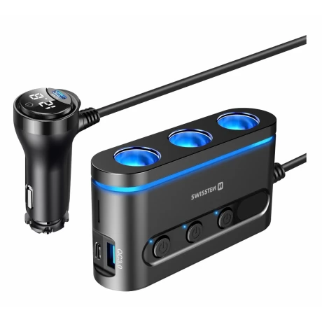 ADAPTOR ÎNCĂRCĂTOR AUTO SWISSTEN, BRICHETĂ 3x CL, 2x USB-C PD, 1x USB-A QA 3.0, PUTERE DE IEȘIRE 108W - 216W