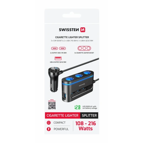 ADAPTOR ÎNCĂRCĂTOR AUTO SWISSTEN, BRICHETĂ 3x CL, 2x USB-C PD, 1x USB-A QA 3.0, PUTERE DE IEȘIRE 108W - 216W