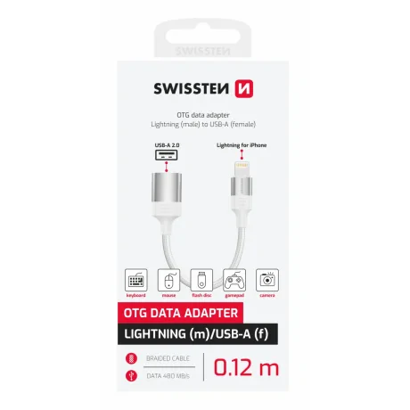 ADAPTOR OTG SWISSTEN TEXTILE LIGHTNING (mascul) / USB-A (femelă) 0.12 M ALB