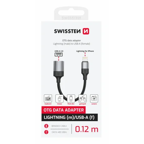 ADAPTOR OTG SWISSTEN TEXTILE LIGHTNING (mascul) / USB-A (femelă) 0.12 M NEGRU