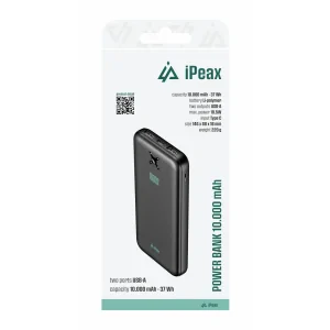 Baterie externă iPEAX 10000 mAh, 10.5W, 2x USB-A, neagră