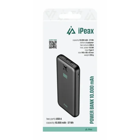 Baterie externă iPEAX 10000 mAh, 10.5W, 2x USB-A, neagră