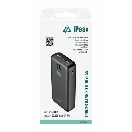 Baterie externă iPEAX 20000 mAh, 10.5W, 2x USB-A, neagră