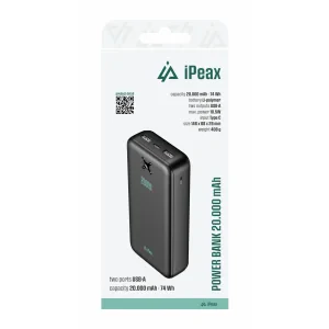 Baterie externă iPEAX 20000 mAh, 10.5W, 2x USB-A, neagră