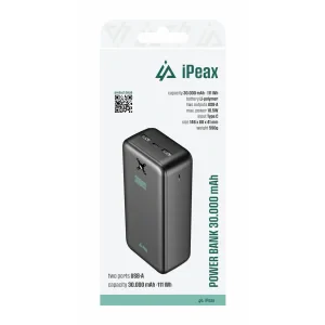 Baterie externă iPEAX 30000 mAh, 10.5W, 2x USB-A, neagră