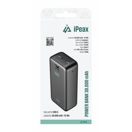 Baterie externă iPEAX 30000 mAh, 10.5W, 2x USB-A, neagră