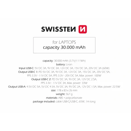 Baterie externă SWISSTEN 30000 mAh pentru laptopuri, 133W, gri 