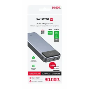 Baterie externă SWISSTEN 30000 mAh pentru laptopuri, 133W, gri 