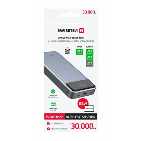 Baterie externă SWISSTEN 30000 mAh pentru laptopuri, 133W, gri 