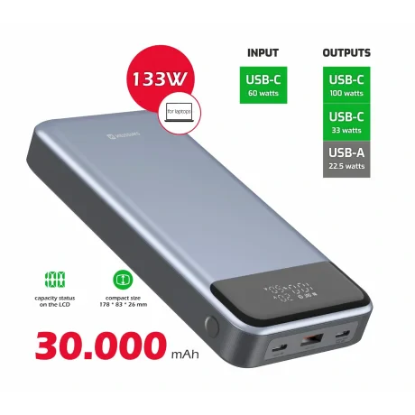 Baterie externă SWISSTEN 30000 mAh pentru laptopuri, 133W, gri 