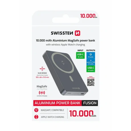 Baterie externă SWISSTEN FUSION 10000 mAh cu încărcător Apple Watch (compatibil cu MagSafe) argintiu
