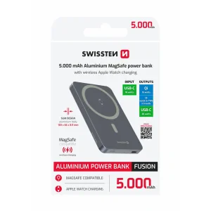 Baterie externă SWISSTEN FUSION 5000 mAh cu încărcător Apple Watch (compatibil cu MagSafe) argintiu